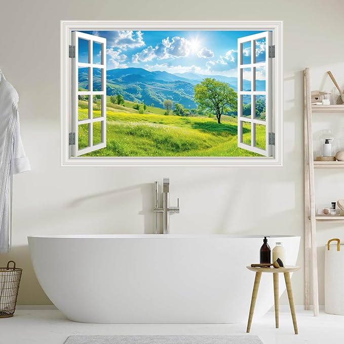 Fake Window Wall Sticker Summer Mountain Grassland Green Forest Tree Faux Window Poster Decal Picture Open Wall Art Decor, Stick and Peel Landscape Natural Scenery Sunshine Scene Mural,16"x24" - Image 9