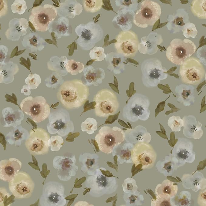 Khaki Watercolor Floral Peel and Stick Wallpaper, 17.3" x 118" Soft Pastel Flower Removable Vinyl Wallpaper, Waterproof Self-Adhesive Vintage Floral Contact Paper for Nursery Bedroom Cabinets by SOONAFTER
