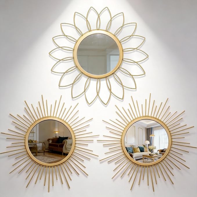 Boho Sunburst Wall Mirror Set of 3, 12 Inch Round Antique & Modern Metal Wall Art, Hanging Over The Door Mirrors for Wall Decor in Living Room, Bedroom, Bathroom, Entryway（Gold） by HMANGE