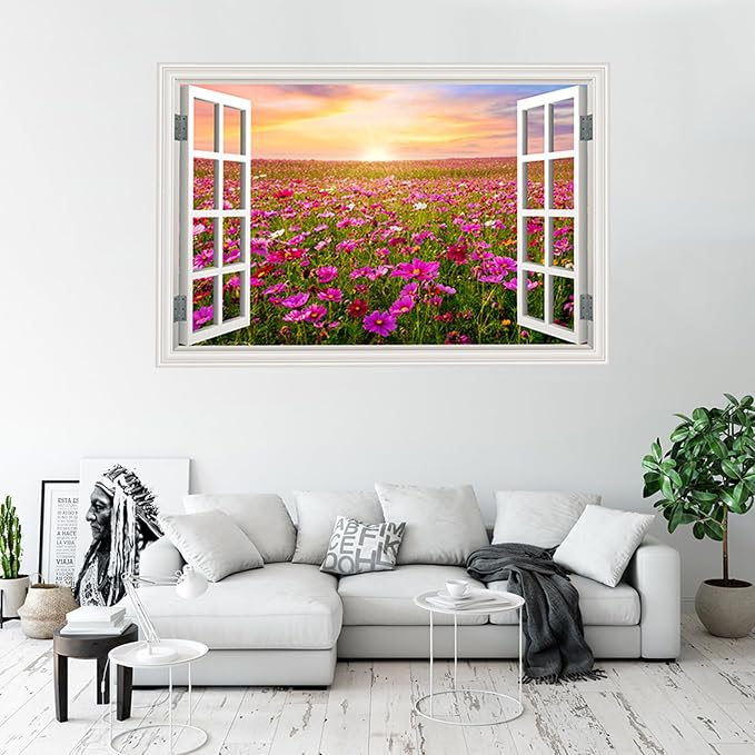 Fake Window Wall Sticker- Sunrise Pink Flower Garden Open Wall Art Decal | Faux Window Natural Scenery Landscape Mural｜ Stick and Peel Wall Decals｜for Room Bedroom Office Decor｜48"x32",Set of 2 Sheets - Image 7