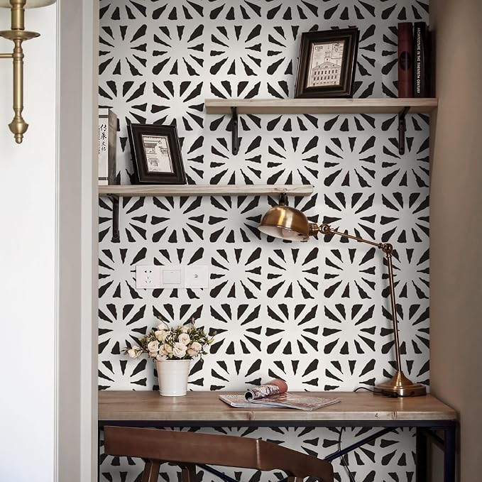 Ismoon Peel and Stick Wallpaper Boho Geometric Wallpaper Black and Beige Contact Paper 17.3'' x 393'' Removable Self-Adhesive Wall Paper Vintage for Cabinets Bathroom Bedroom Wall Decor - Image 7
