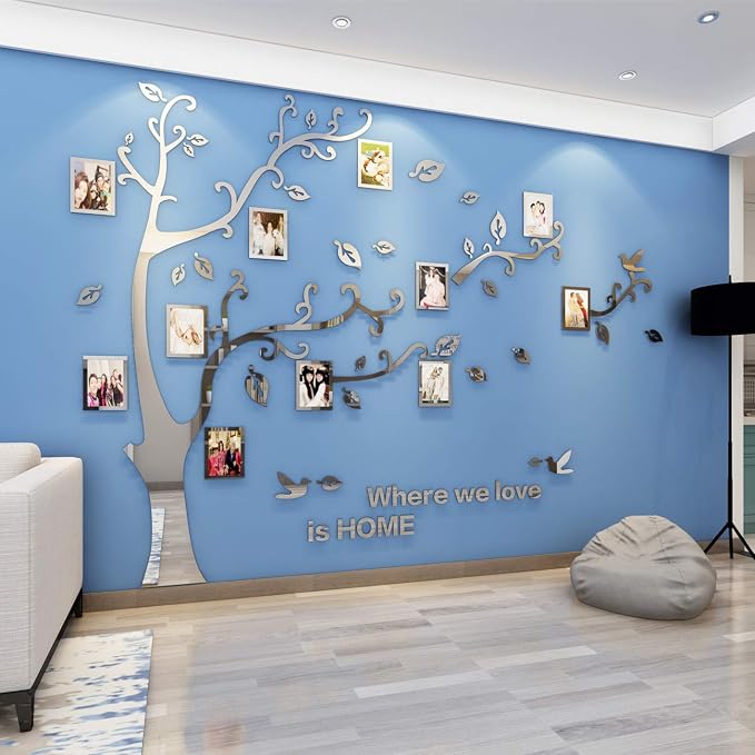 3D Tree Wall Stickers - DIY Photo Frame Tree Wall Decal Family Photo Frame Sticker Murals Wall Decor Living Room Bedroom TV Background Home Decorations (M:83 * 59in,Silver Right) - Image 2