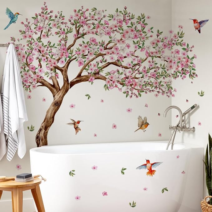 Large Pink Flower Tree Wall Decals Cherry Blossom Floral Branch Wall Stickers Peach Flower Birds Home Art Decals Stickers Living Room Bedroom Tv Background Wall Decor - Image 6