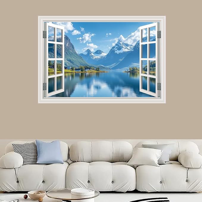 Fake Window Poster Wall Mural Sticker Mountain Lake Forest, 24" x 16" | Faux Window Wall Art, Peel and Stick, Prints Decals Decor - Image 8