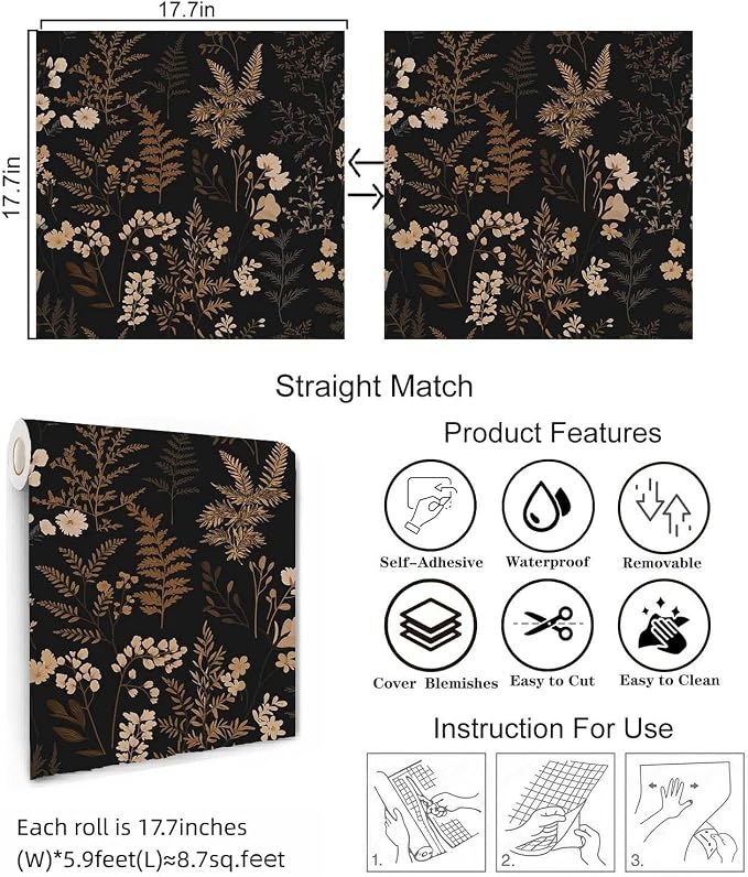 Moody Dark Vintage Floral Peel and Stick Wallpaper 17.7" x 70.8" | Self-adhesive removable waterproof vinyl wall covering with botanical pattern for renter-friendly bedrooms and accent walls - Image 4