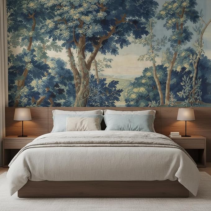 Blue Forest Peel and Stick Wallpaper Woodland Landscape Wall Mural | 173"x108", Self Adhesive Canvas, for Bedroom Living Room Bathroom, Seamless, No overlapping by LOOWAP