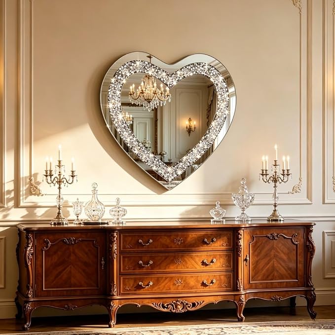 DMDFIRST Crystal Crush Diamond Heart Shaped Silver Mirror for Wall Decoration 24x24x1 inch Wall Hang Frameless Mirror Acrylic Diamond Décor. - Image 6