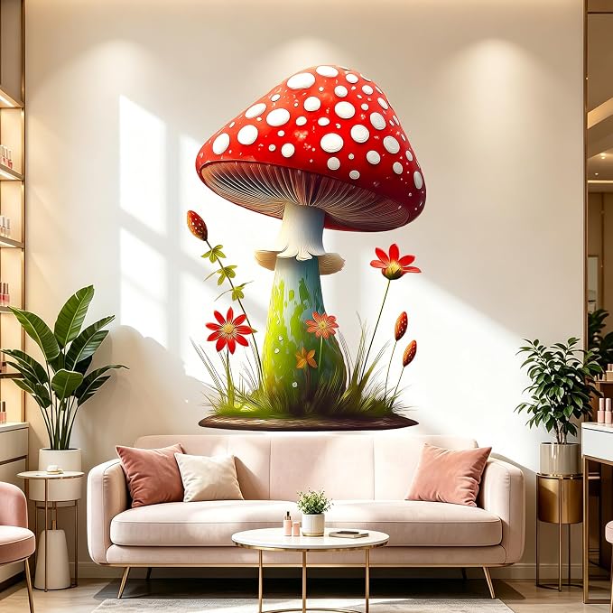 Red Mushroom Wall Decals Peel and Stick Self Adhesive Nursery Decor Art | Flowers Grass Wall Stickers for Kids Room Nursery Baby Bedroom Playroom, Whimsical Forest Wall Art for Toddler Boys Girls by VePret