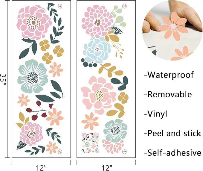 Floral Wall Decals Peel and Stick Flower Wall Stickers Removable Nursery | Decor for Girls Room Bedroom Baby Boho Pink Blue Watercolor Flowers Murals for Kids Playroom Living Room - Image 2