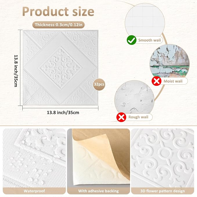 Nuanchu 20 Pcs 13.8 x 13.8 Inch Ceiling Tiles Peel and Stick, Elegant | Foam White 3D Wall Panels 26-105.5 Sq. ft Adhesive Glue up Waterproof Wallpaper for DIY Office Home - Image 2