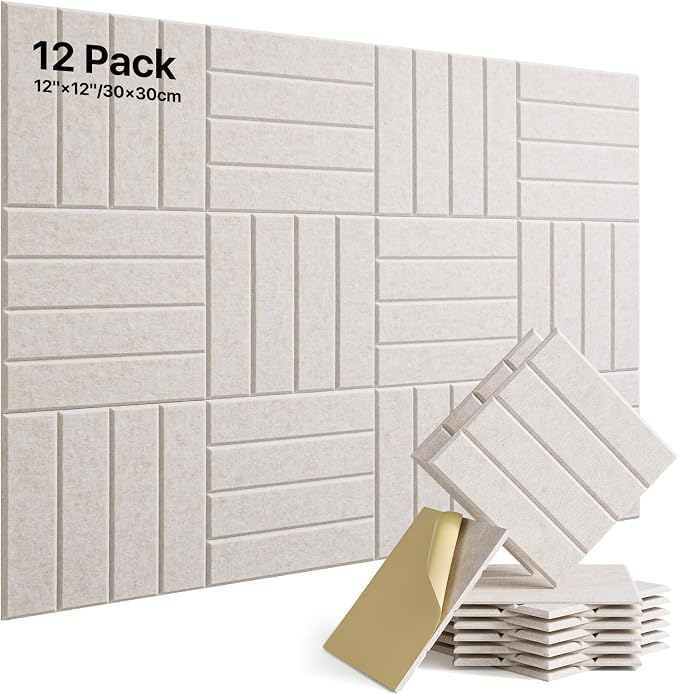 Soundsbay Sound Proof Foam Panels for Walls Self-Adhesive, 12-Pack 12"X12" | Cover 11.6 sq.ft, 150kg/m³ High-Density Polyester, Soundproof Wall Panels for Recording Studio, Home Theater, Office Beige by Soundsbay