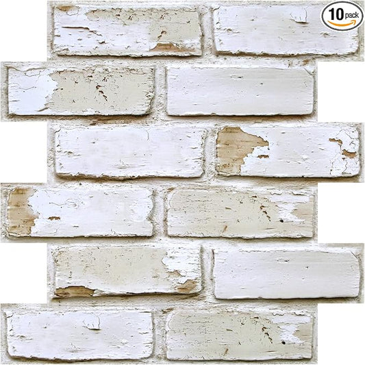 3D Faux Brick Wall Panels Peel and Stick, Designed for Quick DIY | Warm Whitewash, 10 Pcs 11.8" x 11.8", Small Brick-Look, Ultra-Light Fake Brick Covering for Wall Renovation, Cover 9.7 sq ft by SMOOSTIKCDECOR