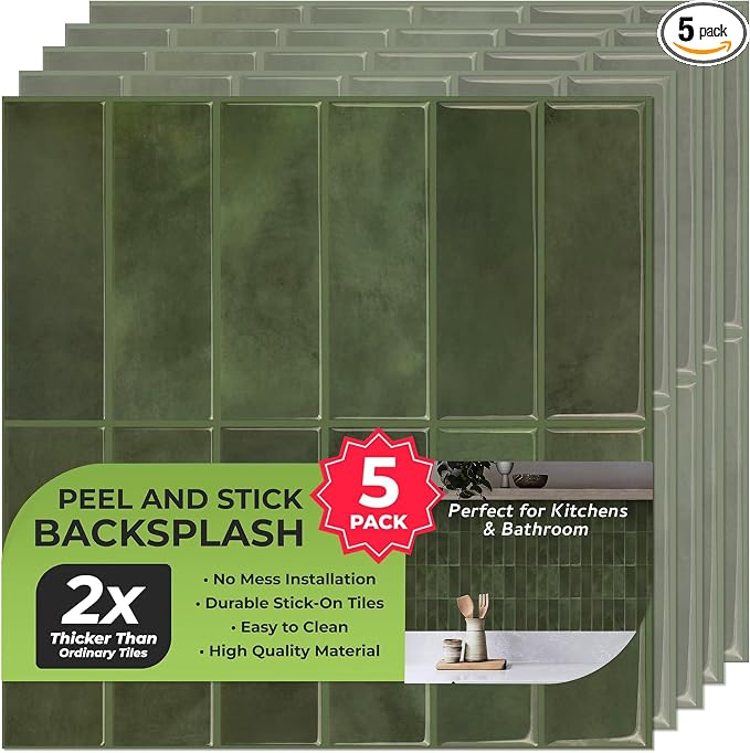 Select 5 Pack Peel and Stick Backsplash Square Tiles, 12x12 in, Green | Extra Thick 3D Wall Panels, Heat & Water Resistant, Easy DIY Kitchen, Bathroom, Laundry, Fireplace & Rental Home Wall Décor by selectlighting
