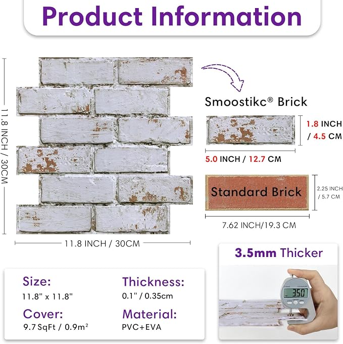 3D Faux Brick Wall Panels Peel and Stick, Designed for Quick DIY | Whitewash, 10 Pcs 11.8" x 11.8", Small Brick-Look, Ultra-Light PVC Fake Brick Covering for Wall Renovation, Cover 9.7 sq ft - Image 3
