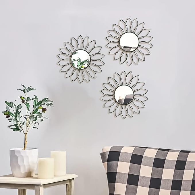 3 Pack Metal Mirrors for Wall Sunburst Wall Mirrors Home Décor Decorative Hanging Wall Art for Living Room Bedroom Entryway (Black2, Flowers) - Image 7