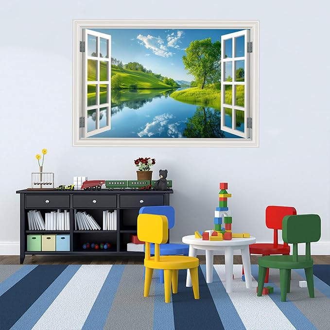 Fake Window Wall Decal- Lake Green Tree Grassland Open Wall Art Sticker | Faux Window Grassy Hills Natural Scenery Landscape Mural｜ Stick and Peel Wall Decals｜for Room Bedroom Office Decor｜24"x16" - Image 9