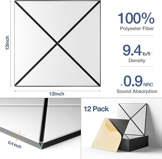 12 Pack Self-Adhesive Acoustic Panels, 12" X 12" X 0.4" X-Line Sound Proof Foam Panels for Walls, Soundproof Wall Panels for Home & Office (White on Black) - Image 3