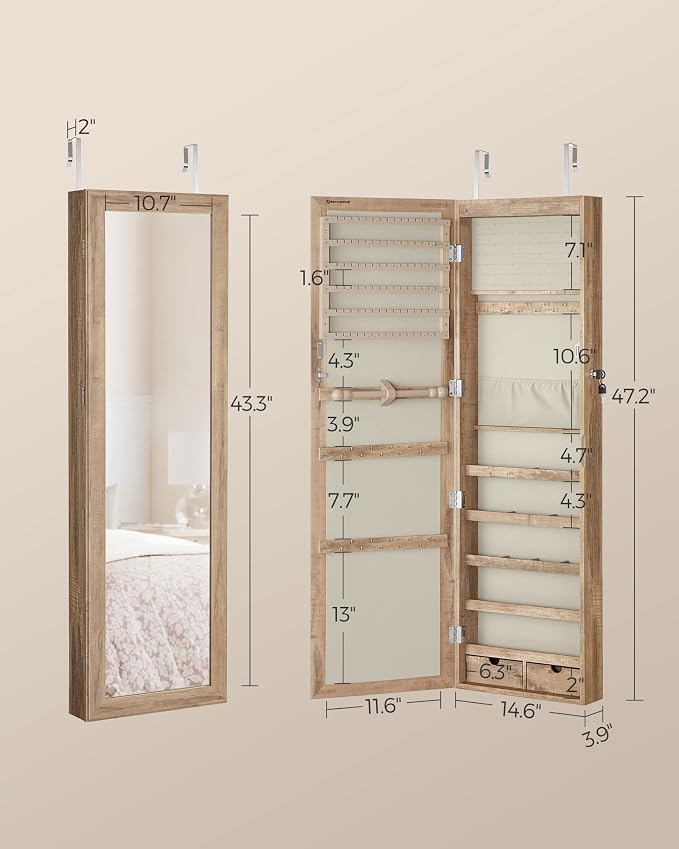 SONGMICS 6 LEDs Mirror Jewelry Cabinet, 47.2-Inch Tall, Lockable - Image 6