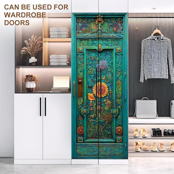 Vintage Floral Door Mural, Teal Ornate Door Decor | Waterproof PVC, 30.3" W x 78.7" L; turquoise floral design for entryway, bedroom, living room or office doors. - Image 7