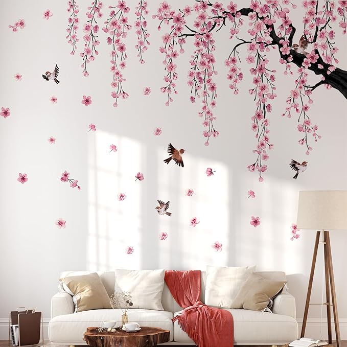 Lilac Wall Decoration 4 Sheets Large Cherry Blossom Tree Wall Stickers | Spring Pink Flower Bird Wall Decals Peel and Stick Wall Murals Decor for Living Room Bedroom (Pink, 11.8 * 35.4inch) - Image 3