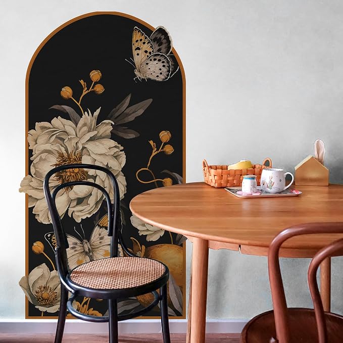 Boho Arch Wall Decals Vintage Floral Wall Sticker Peel and Stick 60"x 34.6" | Large Brown Flower Mural for Door Decor Removable Warm Peony Butterfly Wall Decal for Bedroom Living Room Office - Image 4