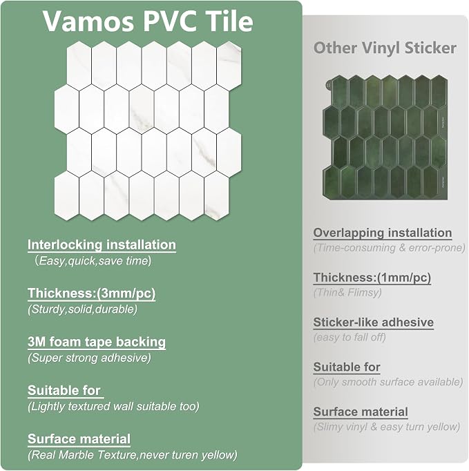 Vamos Tile Long Hexagon Peel and Stick Backsplash Tile - 10 Sheets Stick on Backsplash for Kitchen and Bathroom 12.4 x 12 Inch White Marble Look PVC Self Adhesive Mosaic Wall Tiles - Image 5
