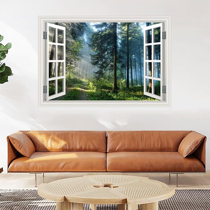 Fake Window Poster Wall Decal - Morning Forest Faux Window Wall Mural Prints for Wall Decor, Peel and Stick Wall Sticker 48" x 32" Set of 2 Sheets - Image 9
