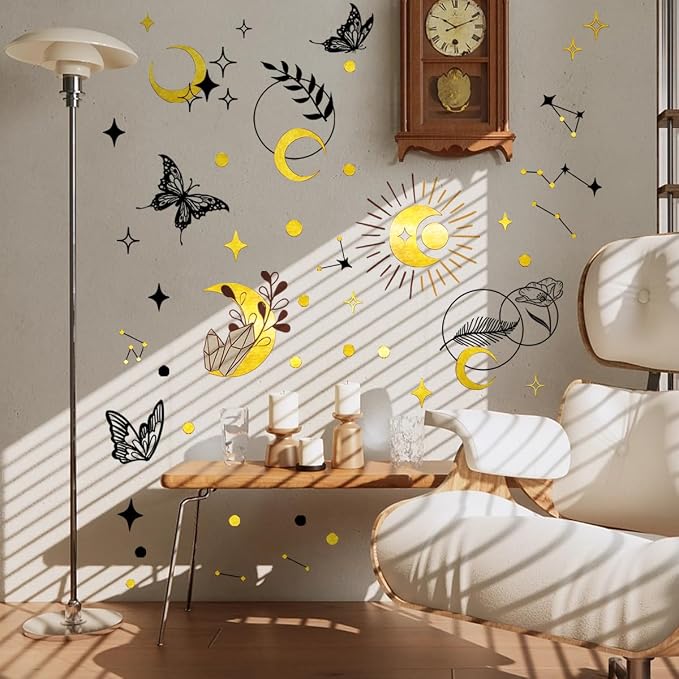 Boho Gold & Black Foil Wall Stickers - Celestial & Butterfly Wall Decor Peel and Stick Removable Art Decals Decorative for Living Room Bedroom,59.9 cm x 63.2 cm - Image 6
