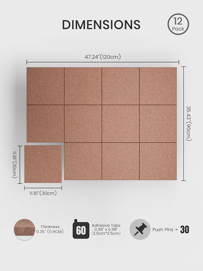 Bumusty 48"x 36" Large Felt Bulletin Board Tiles, Terracotta | 12-Pack Cork Board Alternative, Wall Decor, 30 Pushpins, 60 Adhesive Tabs, Vision Board, Office, Classroom, Home, Dorm - Image 2
