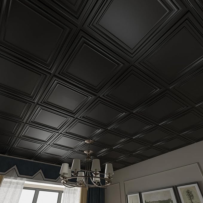 Art3d PVC Ceiling Tiles, 3D Plastic Sheet in Black, 2 x 2 ft, 24-Pack | Lightweight, Waterproof, No Sag and Breakage, Compatible with Grid System, Perfect for Basement, Kitchen - Image 2