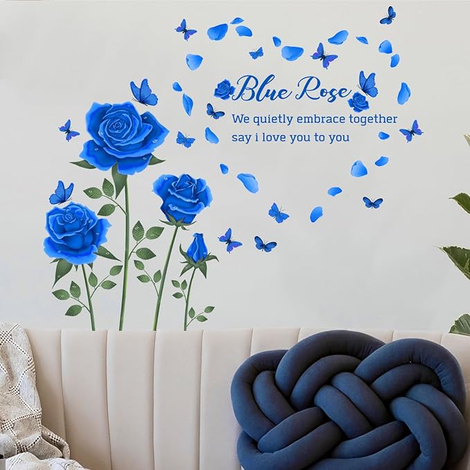 Blue Rose Wall Decals with Butterflies, Romantic Flower Wall Stickers with Quotes, Wall Art Decor for Bedroom Living Room, Blue Rose Petal Wall Mural for Room Rose Stickers - Image 4