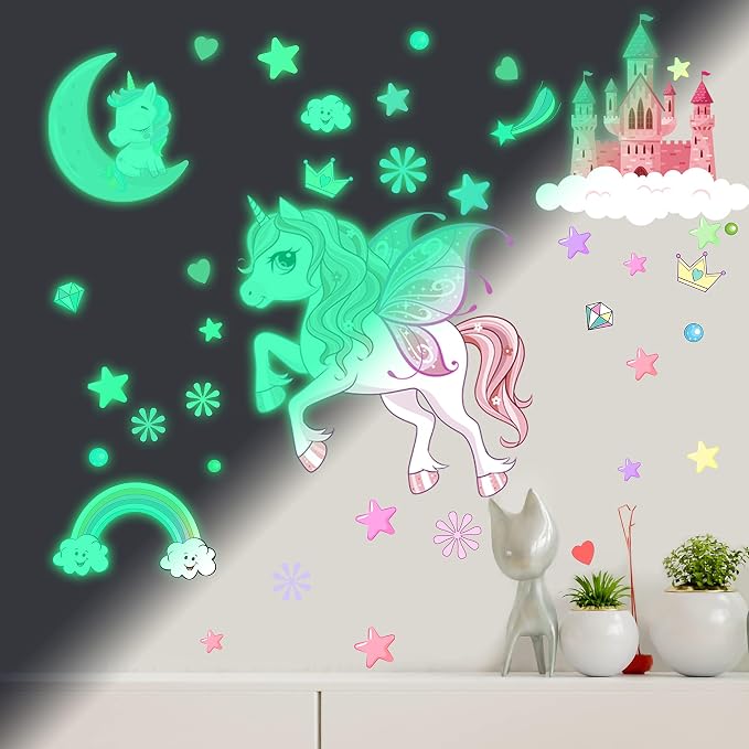 Glow in The Dark Stars Unicorn Wall Decals, Castle Moon Rainbow Stickers for Ceiling, DIY Unicorn Wall Decor for Nursery Girls Playroom, Kids Christmas Birthday Party Decoration - Image 4