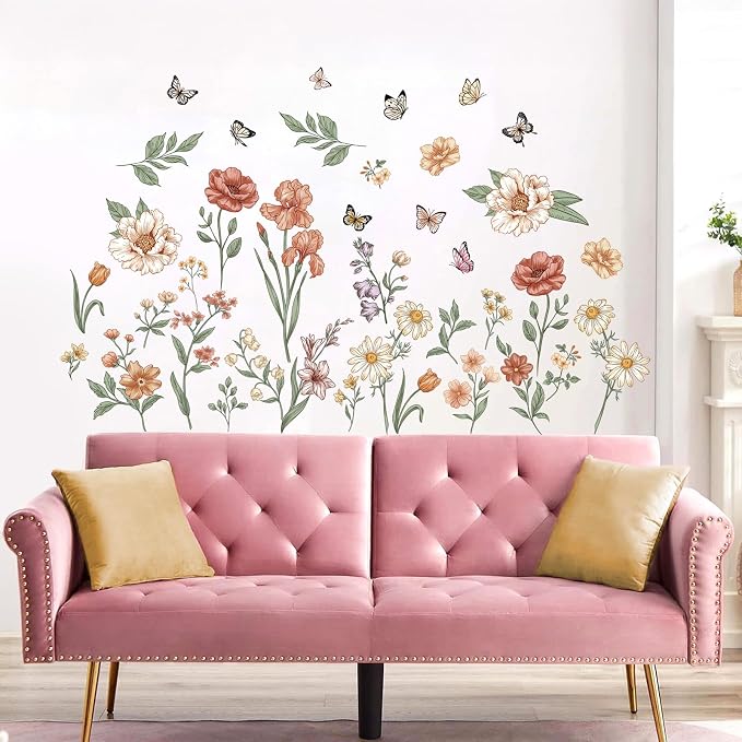 Watercolor Boho Flowers Wall Decals Wildflower Butterfly Garden Wall Stickers Removable Wall Art Decor for Living Room Bedroom - Image 3