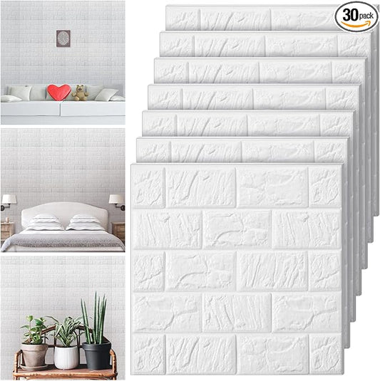 Tinlade 30 Pcs 3D Wall Panels Peel and Stick Wallpaper Foam, White | Faux Brick Stone Tiles, Covering 28.8-48.4 Sq ft, Self Adhesive Waterproof Panels for Bedroom Living Room Kitchen Walls by Tinlade