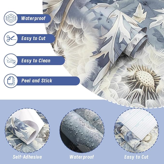 Jeweluck Blue Floral Peel and Stick Wallpaper Dandelion 16.9" x 118.1" | Vintage Blue Contact Paper Peel and Stick Dandelion Boho Self Adhesive Removable Wallpaper for Bathroom Cabinets Decorative - Image 3
