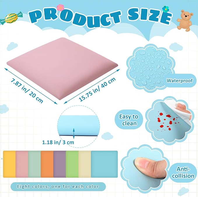 Hahafelt 8 Pack Wall Padding for Playroom Peel and Stick Headboard 11.81" x 11.81" x 1.18" 3D Anti Collision Upholstered Wall Panels Self Adhesive Headboard Panel for Protection (Fresh Colors) - Image 2