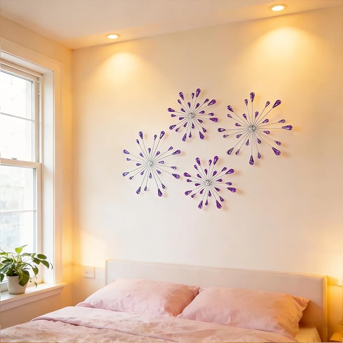 ZEXUIRU 4 Set Silver Starburst Wall Art for Home Decor Metal Bling Crystal Rhinestones Sunburst Wall Decor Sparkling Rhinestone Art Accent -Purple 13in/11.8in/9.8in/9.8in - Image 5
