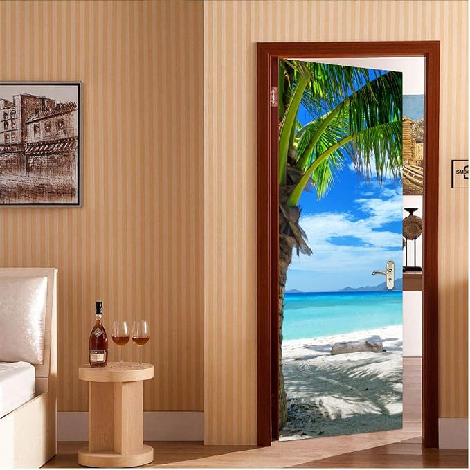 Door Stickers Peel Stick Murals-Wall Covers Decorative Decal Coconut Tree | 30.3"W x 78.7"H, 3D Coconut Tree Wallpaper，Waterproof Removable Opaque Vinyl Self Adhesive Fake Door Decor for Home Office - Image 7