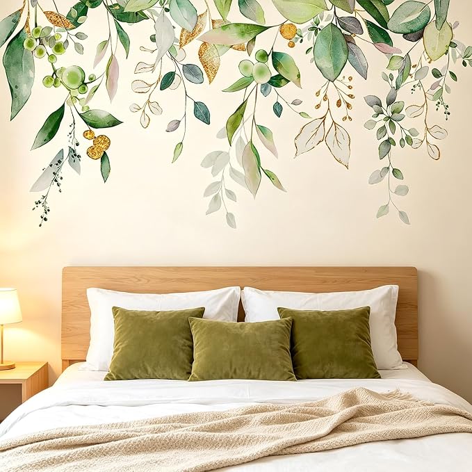 Boho Eucalyptus Gold Foil Hanging Vines Green Leaf Wall Decals Decor Art | Watercolor gold foil greenery peel and stick wall sticker, removable floral flower vinyl mural for living room bedroom - Image 3