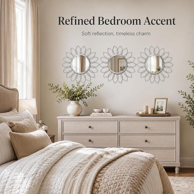 Silver Flower Mirror Set of 3, 3PCS Metal Round Decorative Wall Mirrors, Floral Petal Accent Mirror Wall Decor for Bathroom, Living Room, Bedroom & Entryway - Image 6