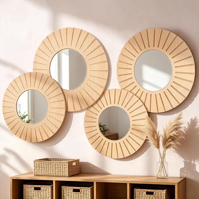 Yerliker 4 Pack Boho Wall Decor Mirror 12" 10" Hanging Baskets Wall Art Decorative Round Mirror with Wooden Frame Rustic Farmhouse Home Decor for Bedroom Living Room Dining Room Nursery by Yerliker