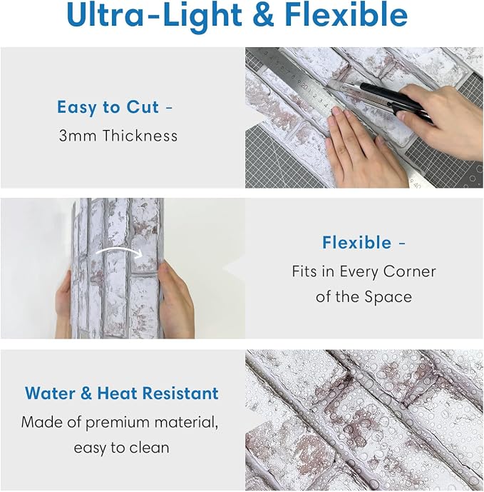 COMSTICKC 3D Peel and Stick Faux Brick Wall Panels for Quick DIY Wall Decor | Gray White, 10 Pcs 11.8" x 11.8", Not Real Brick, Small Size, Lightweight Thin PVC Decorative Wall Sticker, Cover 9.7 sq ft - Image 5