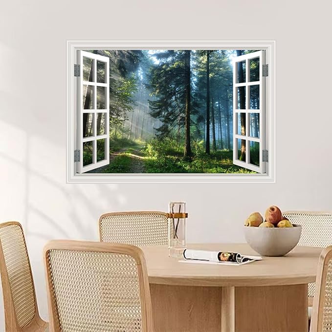 Fake Window Poster Wall Decal - Morning Forest Faux Window Wall Mural Prints for Wall Decor, Peel and Stick Wall Sticker 48" x 32" Set of 2 Sheets - Image 2