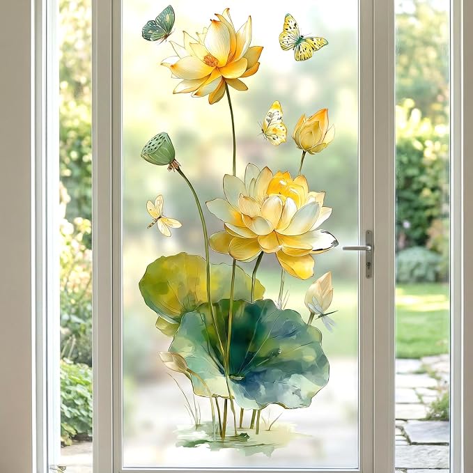 Watercolor Floral Flower Lotus Butterfly Peel and Stick Wall Decals Decor | Yellow water lily green leaves removable vinyl sticker mural, elegant oriental zen art for living room bedroom yoga bathroom - Image 5