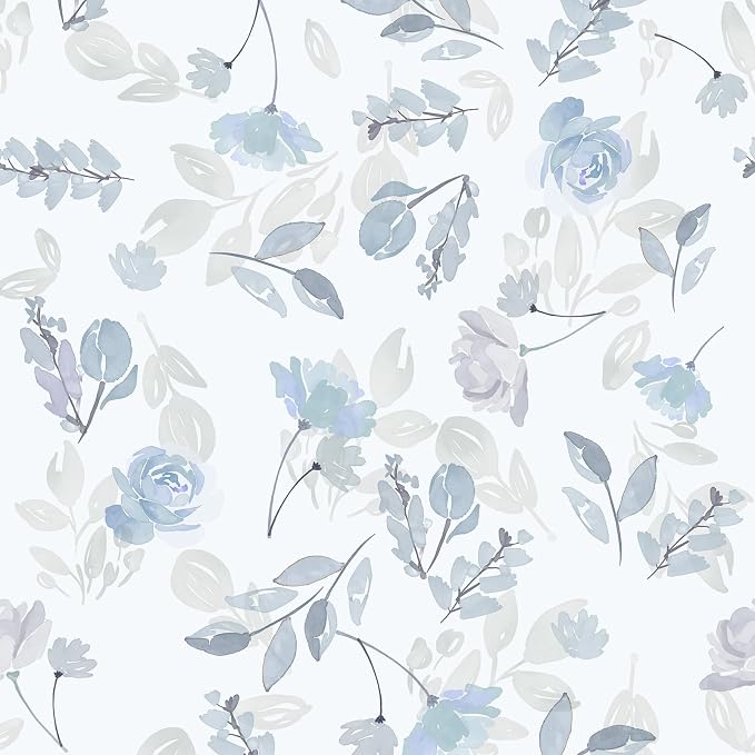 Soft Blue Watercolor Floral Peel and Stick Wallpaper, 17.3" x 472" Removable & Waterproof Vinyl Wallpaper, Soft Pastel Flower Self-Adhesive Contact Paper for Nursery Bedroom Cabinets by SOONAFTER