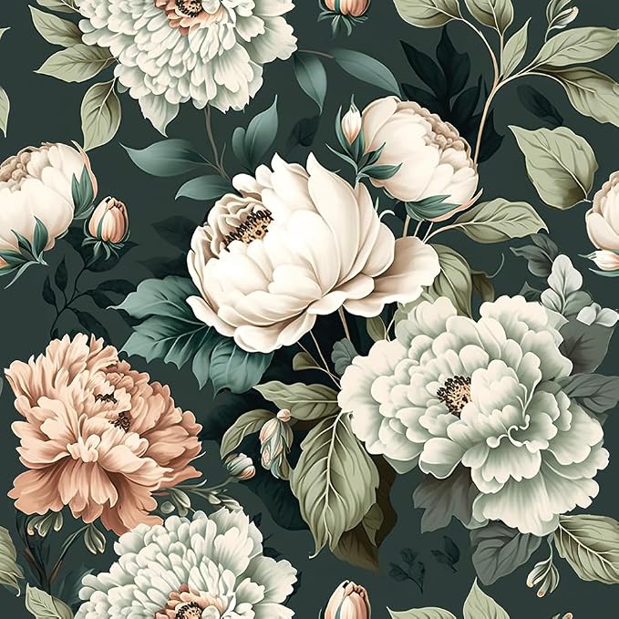 Dark Green White Peonies Vintage Floral Peel and Stick Wallpaper Wall Decor Self Adhesive Wall Paper Stick on Easy Peel Off Contact for Renter Apartment by VistaPalette