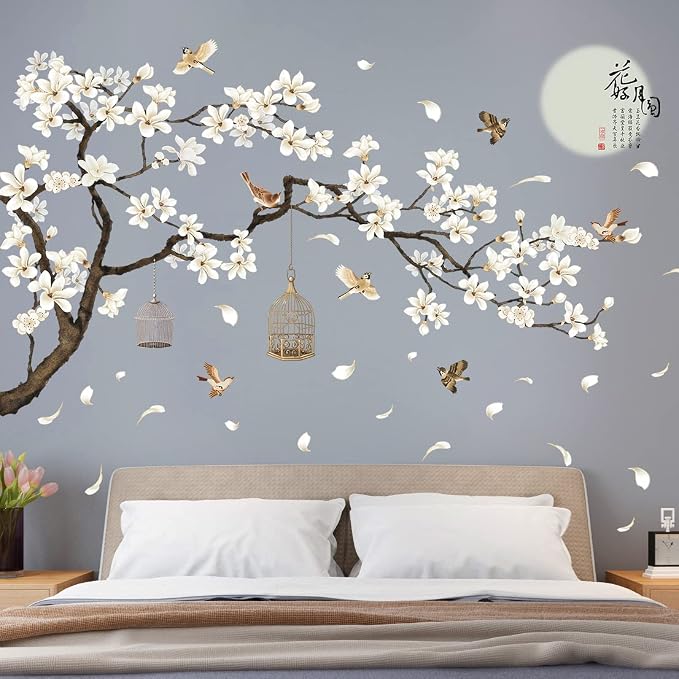 LiveGallery White Peach Blossm Flowers Wall Decals Removable DIY Tree Branches Birds Saying Art Decor Wall Stickers Murals for Living Room TV Background Kids Girls Rooms Bedroom 8 Sheets of 12"x18" - Image 4