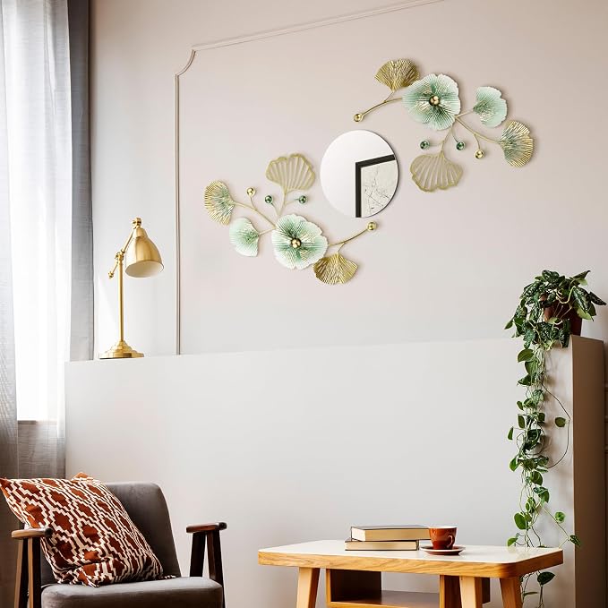 Tandefio 3 Pcs Metal Decorative Wall Mirrors for Living Room Metal Ginkgo Leaf Mirror Modern Creative Wall Decor Art Hanging Decor Mirror for Entrance Bedroom Living Room (Gold Green,16.inches) - Image 4