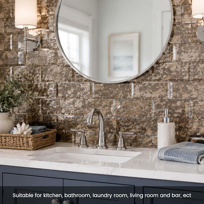 Brown Antique Peel and Stick Mirror Subway Tile 3 x 6 Inch Beveled Mirror Tiles for Kitchen Backsplash Bathroom Wall Pack of 40 Pieces - Image 6