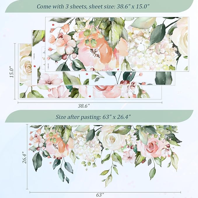 Flowers Leaves Wall Decals Peel and Stick, Large Floral Flowers Wall Stickers, Removable Vine Home Decor Art for Bedroom Living Room Classroom Office - Image 2